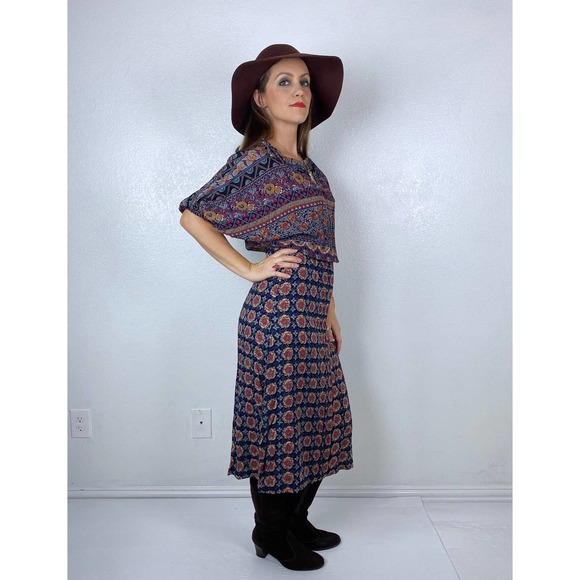 vintage 70s Wide Sleeve FLORAL PRINT Boho DRESS Small peasant dolman sleeve midi - Picture 4 of 10